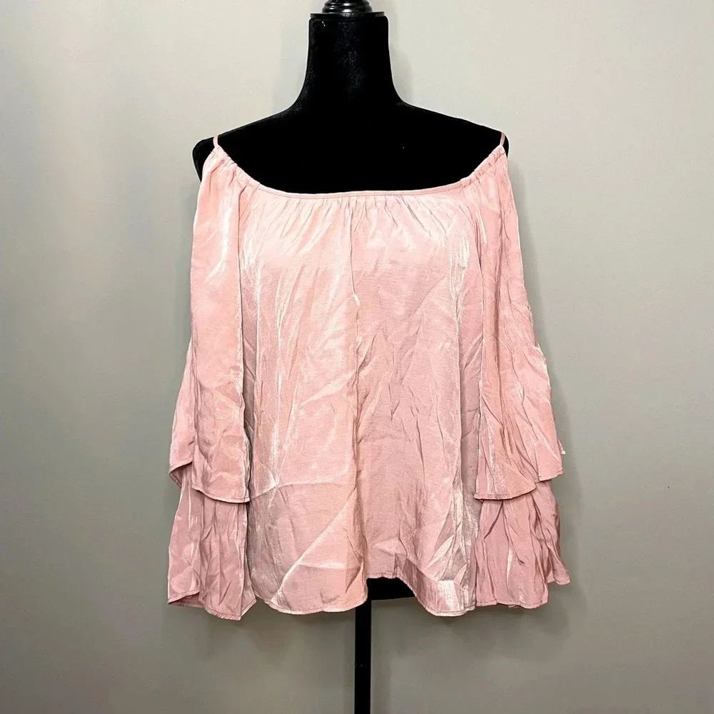 Wayf Pink Shimmery Cold Shoulder Top with Tiered Sleeves